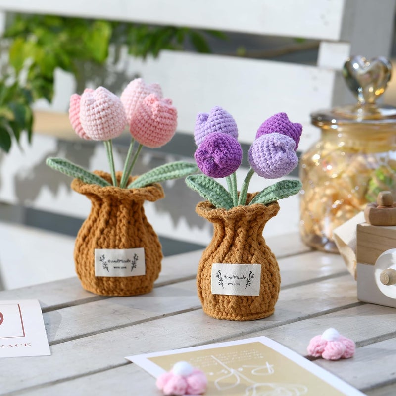 YOOJEE Christmas Crochet Flower Pot Stocking Stuffers Basket Gifts Coworker Handmade Knitted Pink Tulip Potted Flower for Women Teacher Friends Sister Birthday Wedding Home Holiday Cute Desk Decor - Image 3